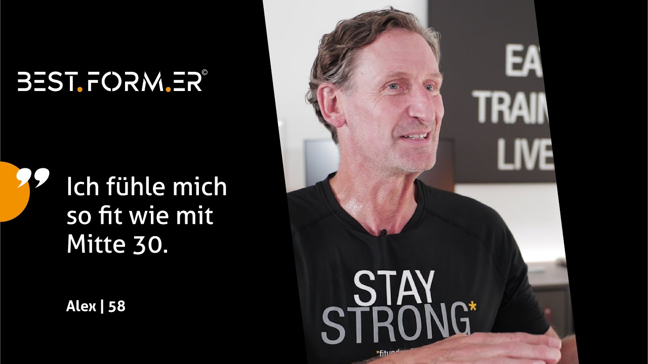 Alex, 58 Jahre, in schwarzem STAY STRONG Shirt mit Best.Former Logo, Kundenstimme zum Online-Kurs