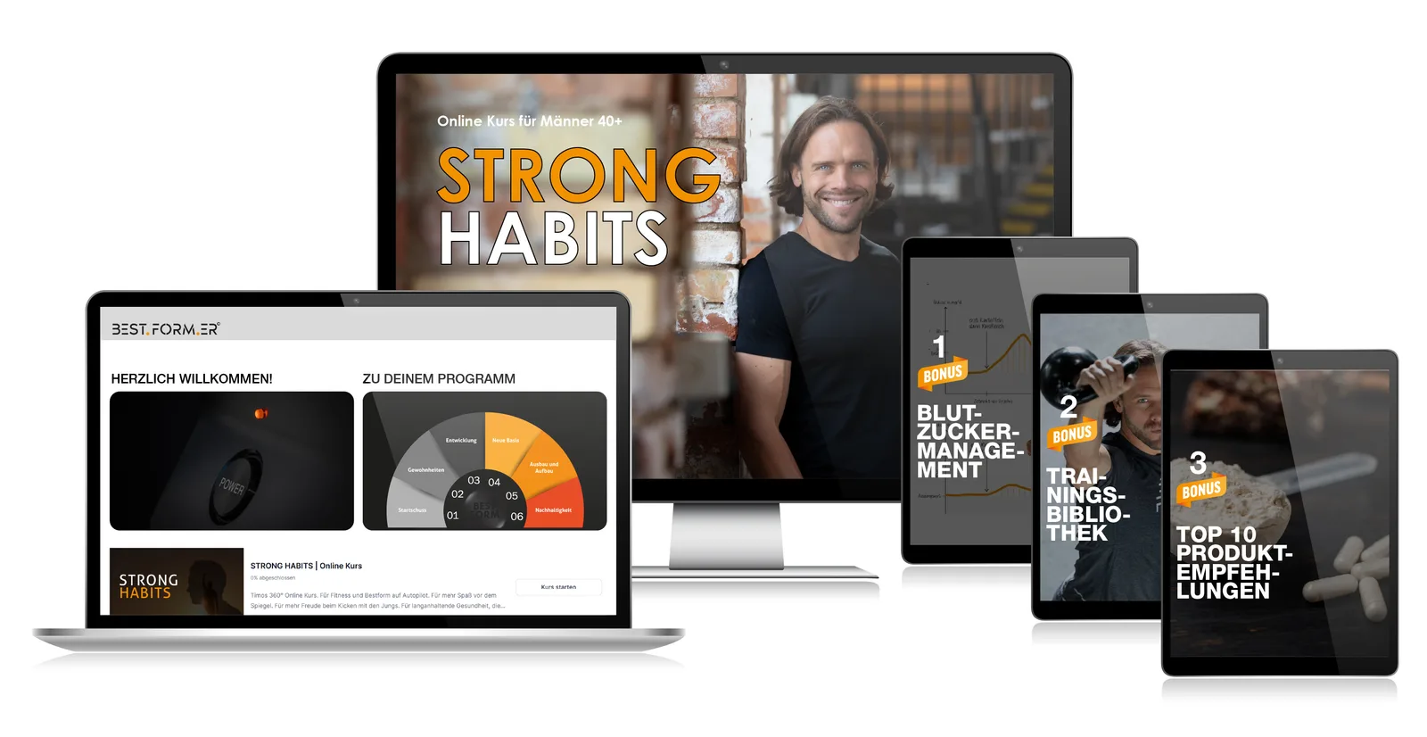 Hero-Grafik Strong Habits Online-Kurs mit Laptop, Tablet und Smartphone Mockups