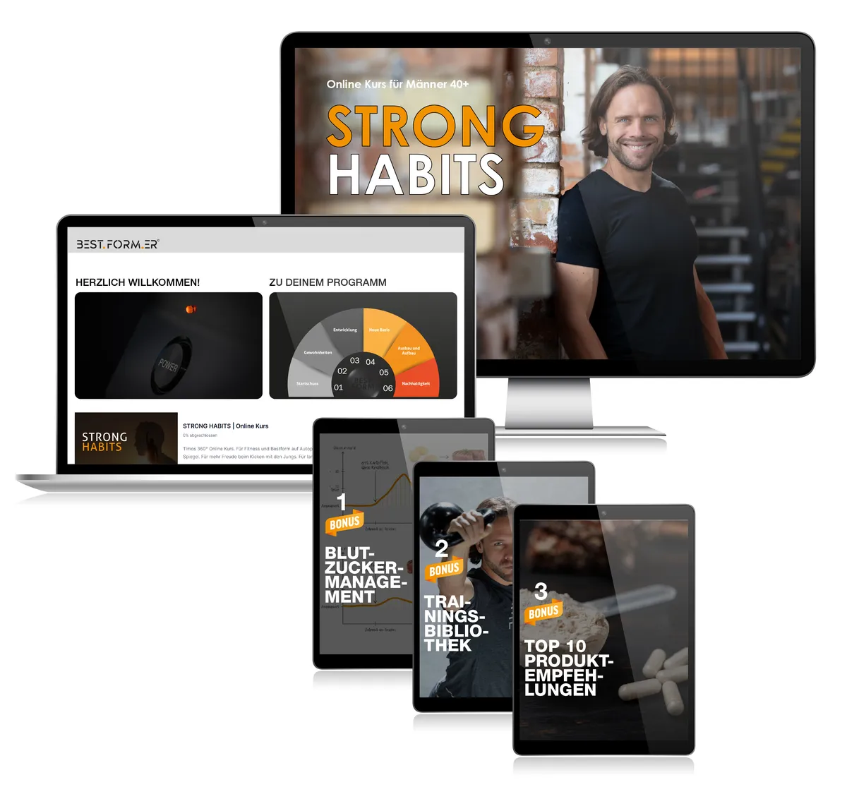 Strong Habits Kurs-Mockup hochauflösend mit Laptop, Monitor und drei Tablet-Bonusmodule