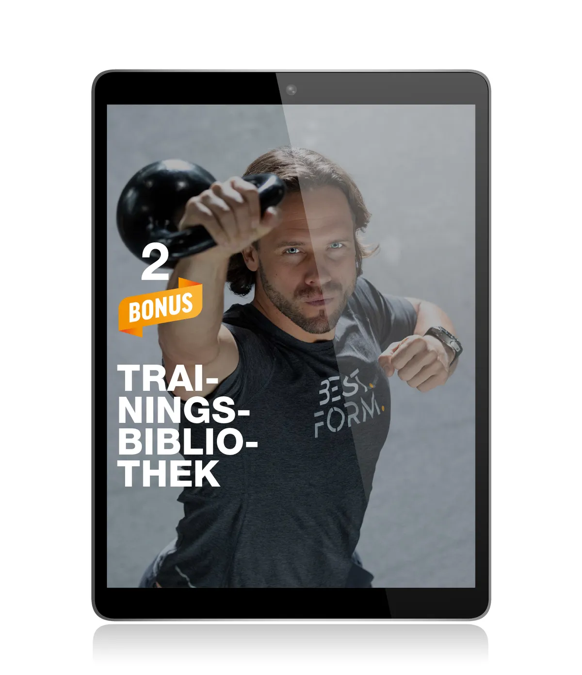Tablet-Mockup mit Trainings-Bibliothek Bonus 2, Mann mit Kettlebell