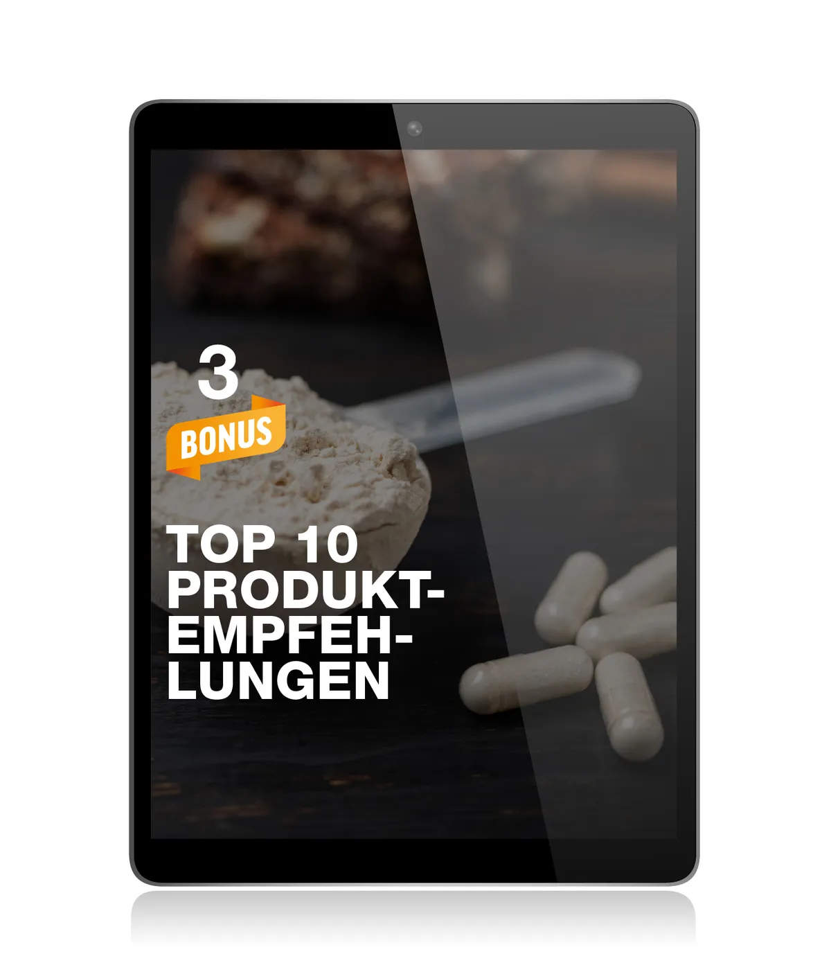 Tablet-Mockup Top 10 Produkt-Empfehlungen Bonus 3, Pulver und Kapseln
