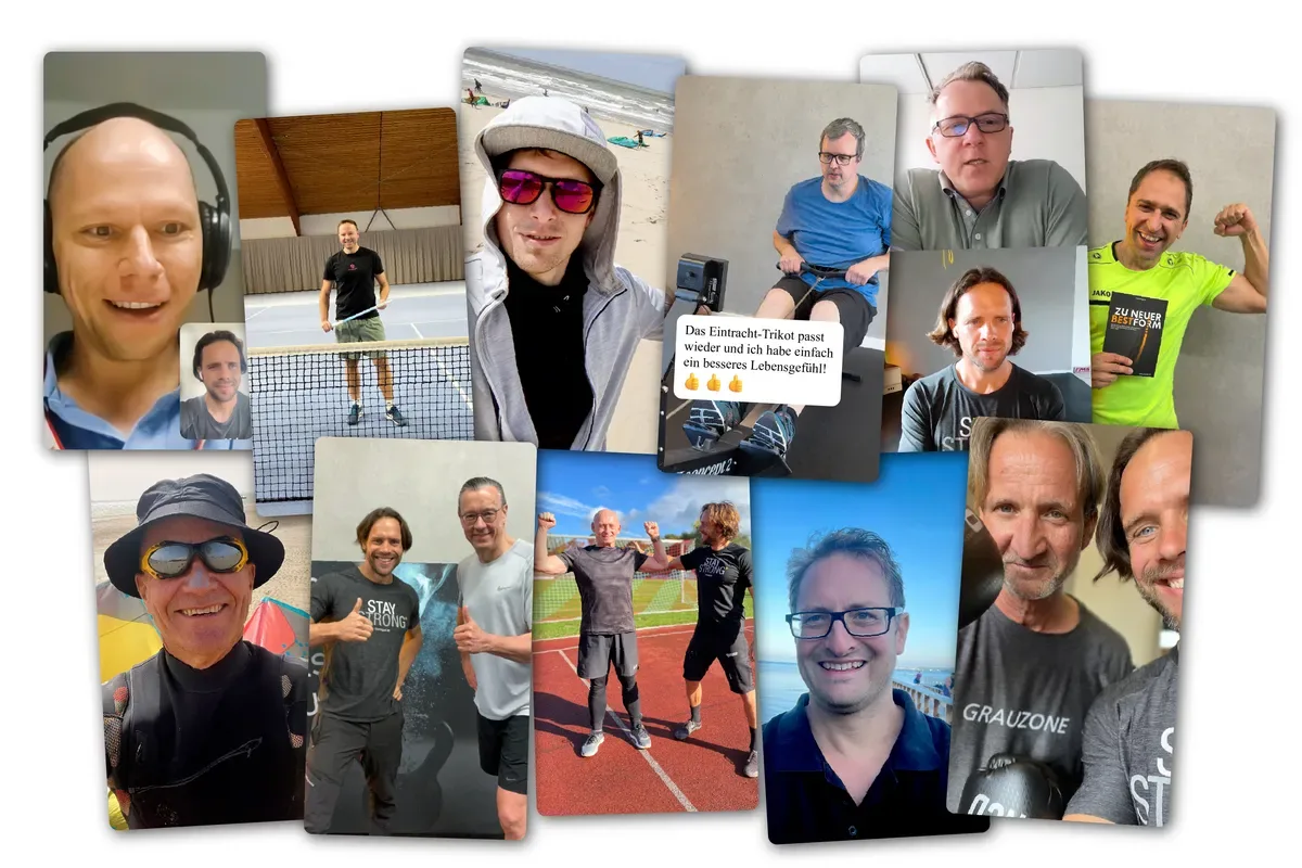 Collage von etwa 20 Personen in verschiedenen Situationen, Porträts und Gruppenfotos, teils mit Sportgeräten und Aktivitäten