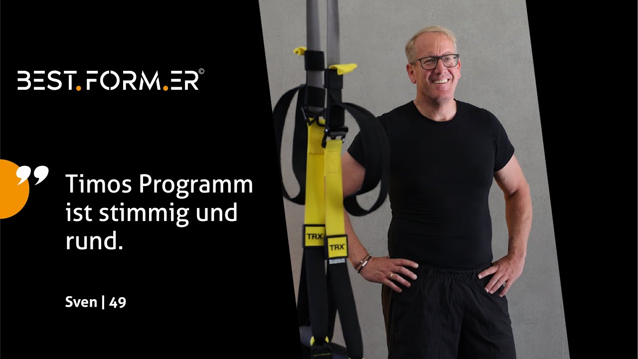 Sven, 49 Jahre, neben schwarzem Trainingsgerät mit gelben Griffen, Kundenstimme zum Online-Kurs