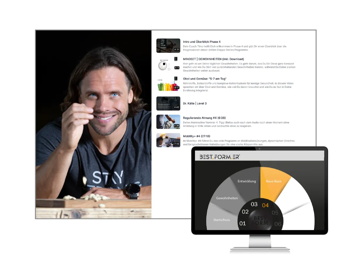 Strong Habits Online-Kurs Phase 4 Desktop-Vollansicht mit Trainer am Tisch und detaillierten Kursmodulen