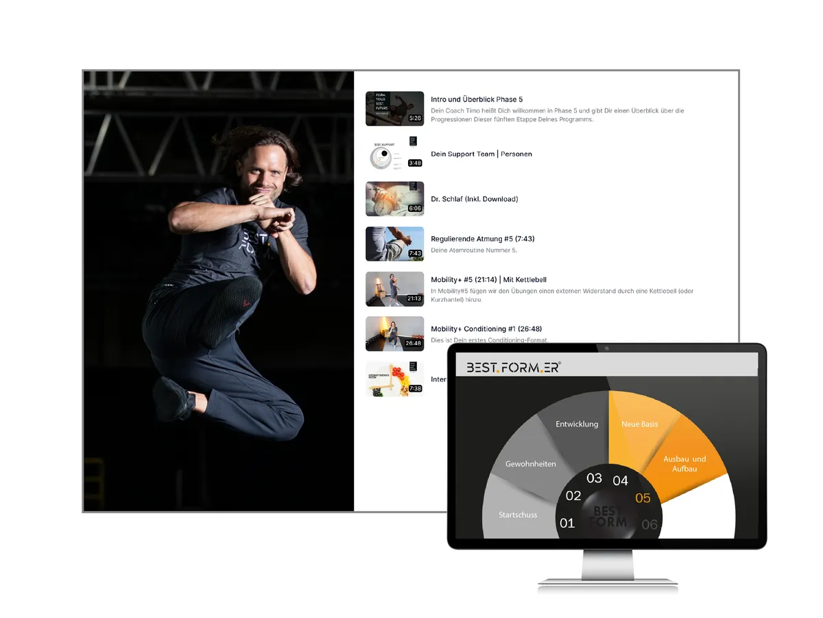 Strong Habits Kurs-Plattform mit Trainer in Sprungposition, Videoliste und Phasen-Übersicht auf Monitor