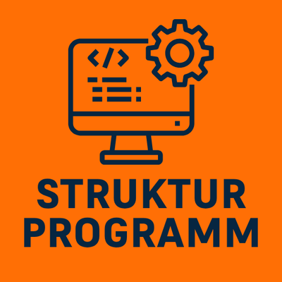 Icon Struktur-Programm: Monitor mit Code und Zahnrad auf Orange-Hintergrund