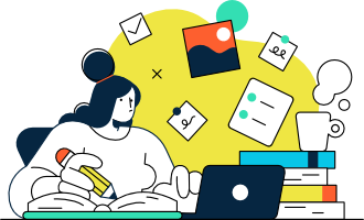 Illustration Virtuelle Assistenz mit Frau am Laptop und Arbeits-Icons