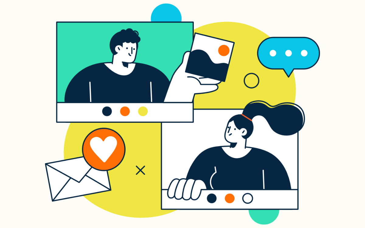 Illustration virtuelles Meeting mit zwei Personen am Monitor und Kommunikations-Icons