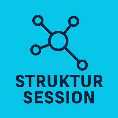 Icon Struktur-Session: Netzwerk-Symbol mit verbundenen Kreisen auf Cyan-Hintergrund