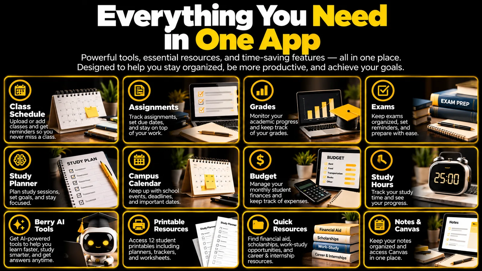 Feature-Grid mit 12 Tools: Class Schedule, Assignments, Grades, Exams, Study Planner, Campus Calendar, Budget, Study Hours, B