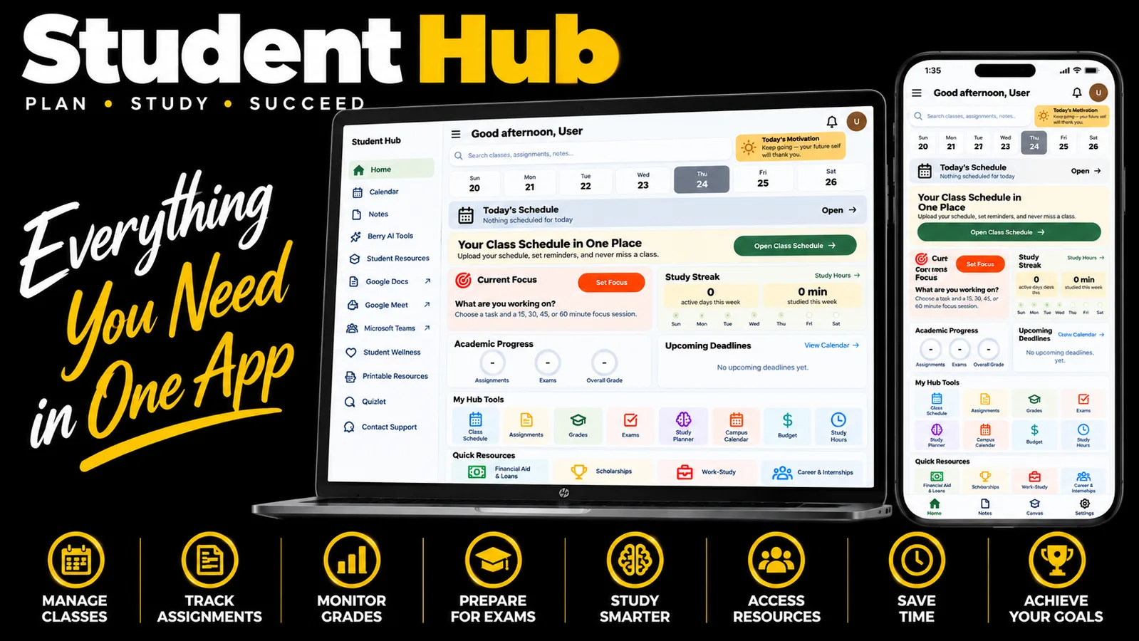 Student Hub App Interface mit Laptop und Smartphone, Tagline Everything You Need in One App