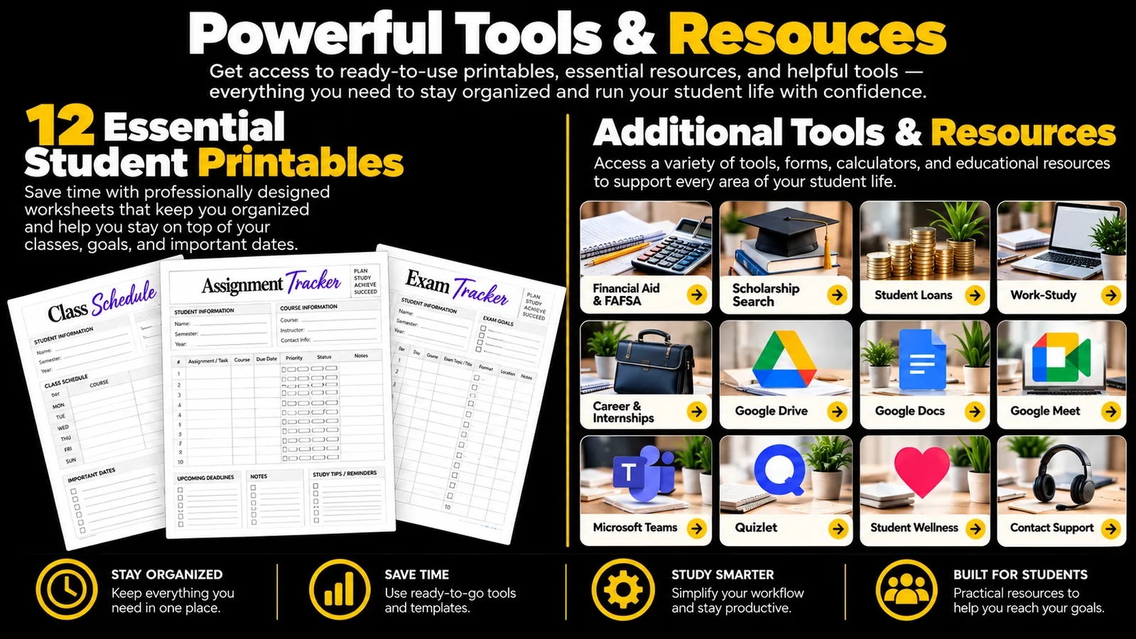 12 Student Printables Templates und zusätzliche Tools wie Financial Aid, Scholarships, Student Loans, Google Drive, Microsoft