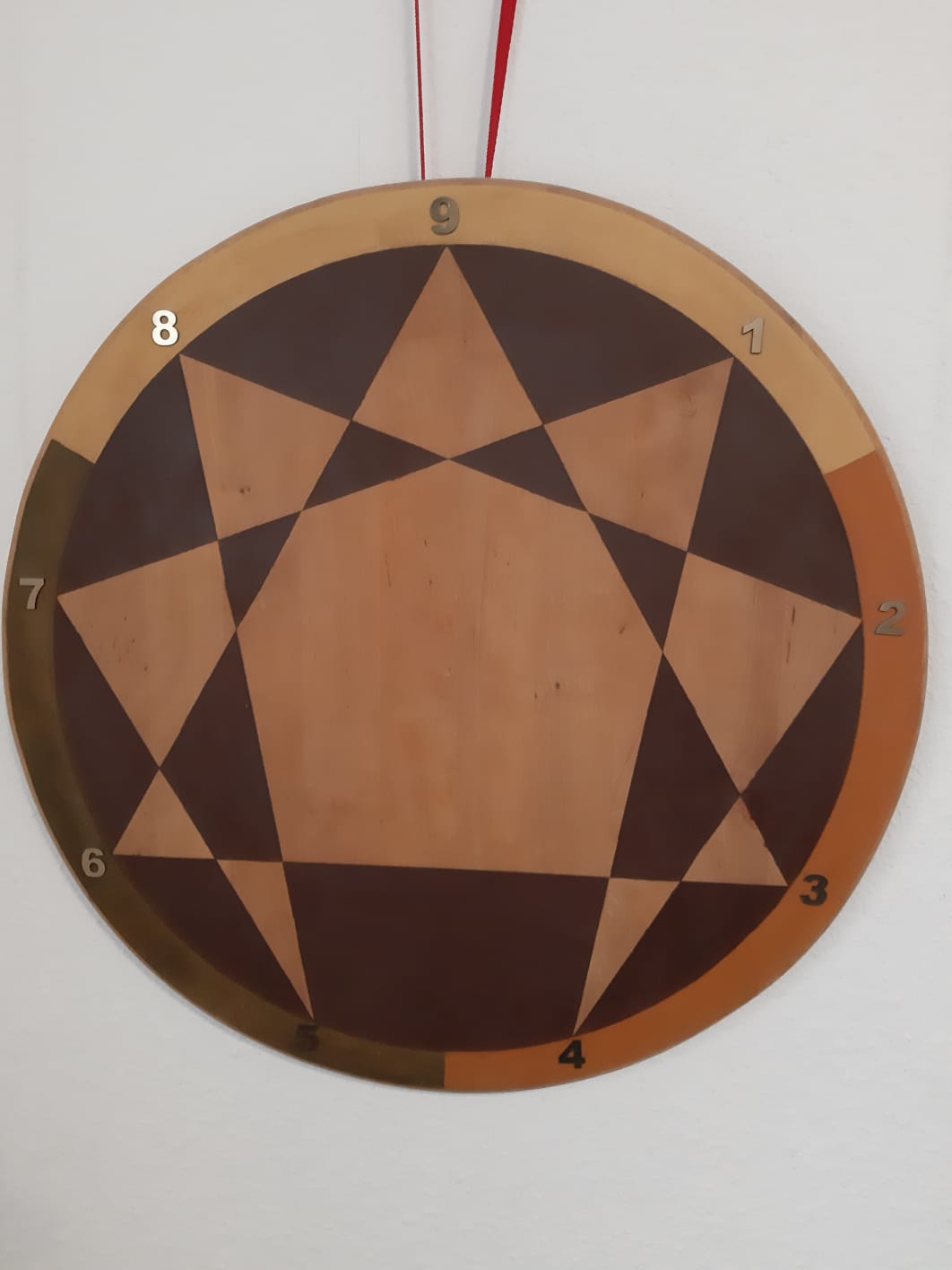 Subtypen Panel – Enneagramm-Videokurs von Janusz Jurczys 1 Rundes Holz-Wandornament CopeCart mit geometrischem Stern-Mosaik-Muster in Braun- und Rottönen, Ziffern 1-9 am Rand, rote Auf