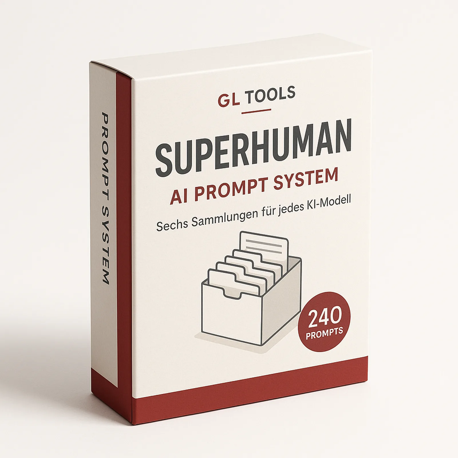 Produktverpackung Superhuman AI Prompt System mit Kartenbox-Illustration, 240 Prompts, GL Tools