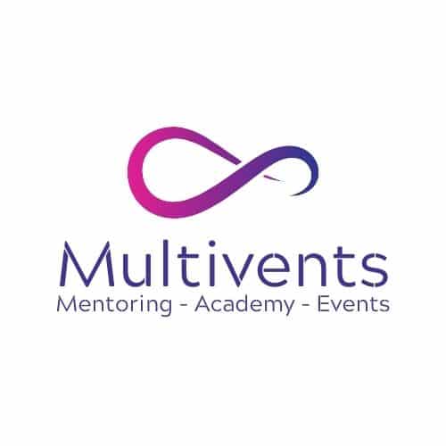 MULTIVENTS® Logo mit Infinity-Symbol in Magenta und Dunkelblau, Untertitel Mentoring - Academy - Events