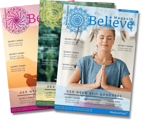 Believe Magazin Cover Sammlung November 2021 mit farbigen Mandala-Designs und Porträts