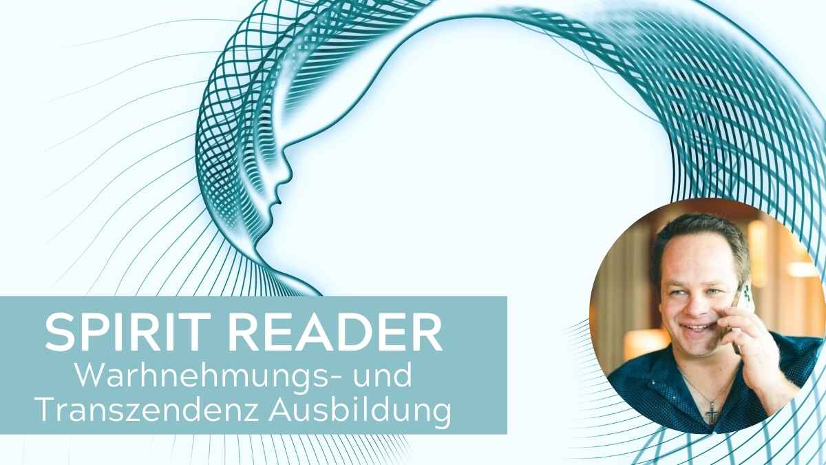 Spirit Reader Ausbildung Banner mit Kopfsilhouette, Netzwerk-Design und Mike Wilhelmer im Kreis