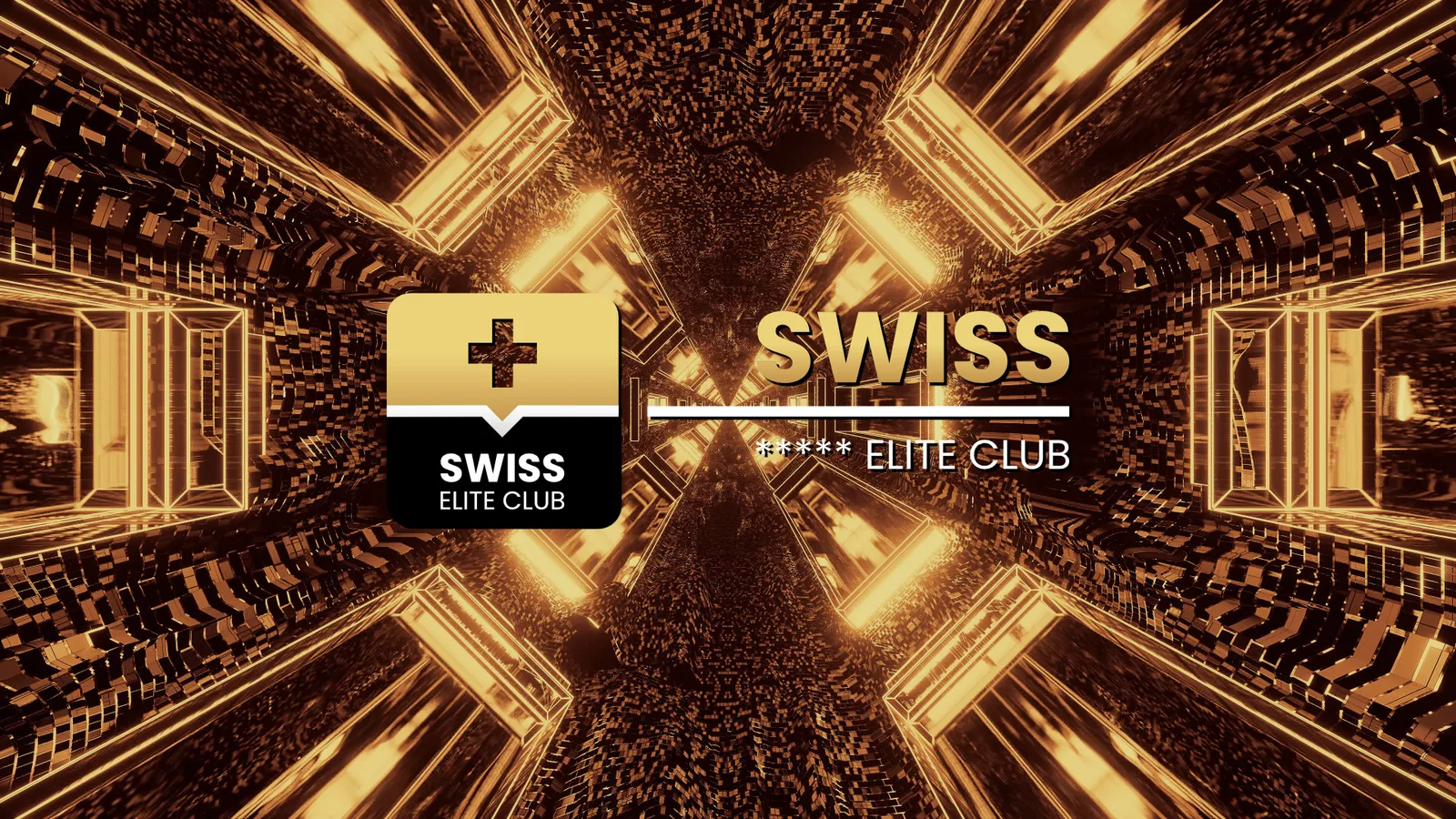 Swiss Elite Club Golden Tunnel Design mit Infinity-Symbol und Markenlogo auf schwarzem Hintergrund