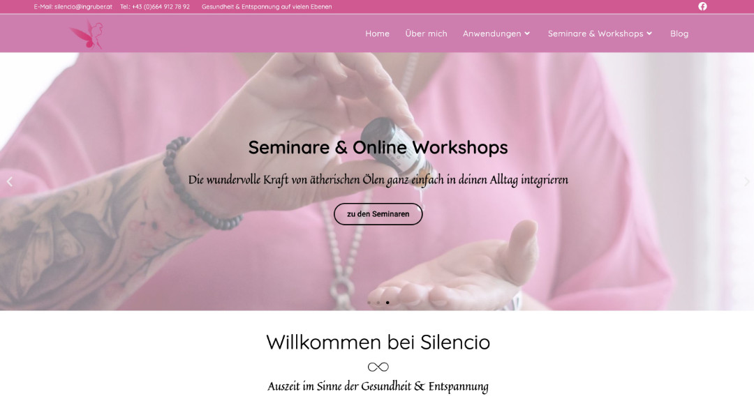 Silencio Seminare und Online Workshops Website mit Händen und Perlen auf rosa Hintergrund