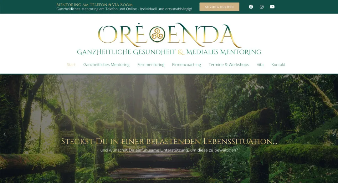 Oréenda Ganztheitliche Gesundheit Mentoring Website mit Waldweg und Logo