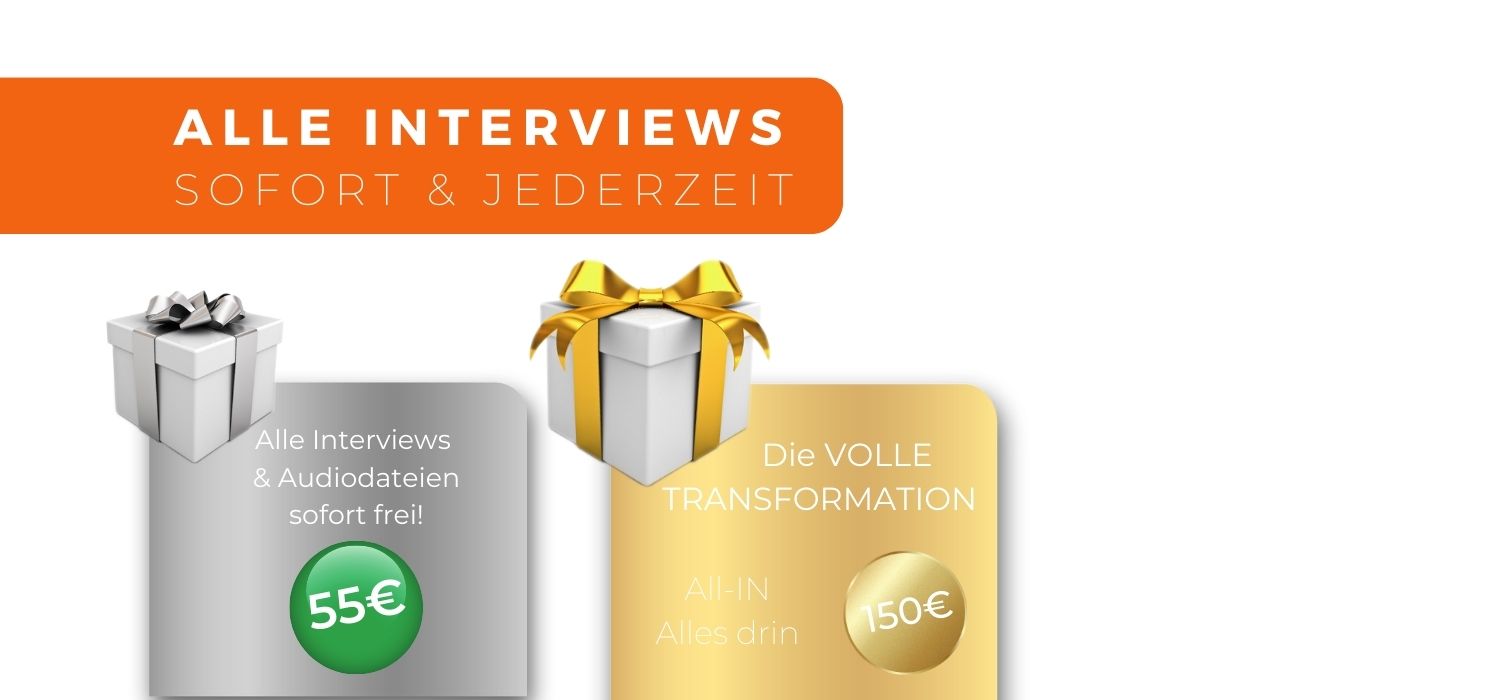 Systemausstieg ins Leben: Gold – Videopaket zu Selbstbestimmung 4 Marketingbanner mit zwei Angebotspaketen: Interviews für 55€ und Vollständige Transformation für 150€