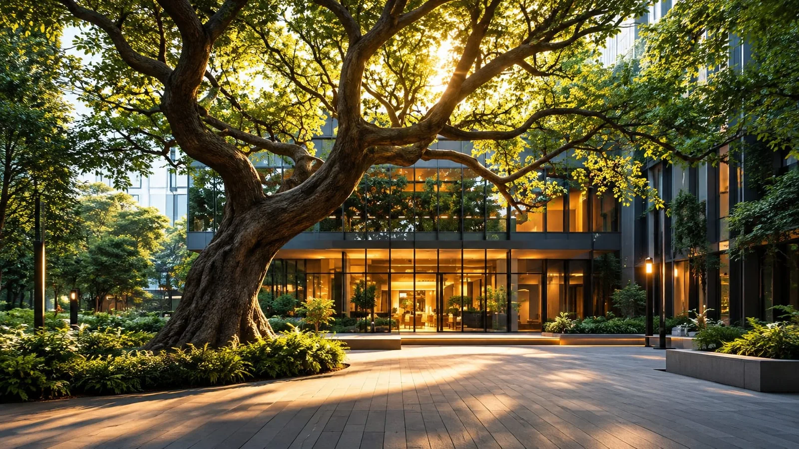 Modernes Atrium mit großem Baum, Glas-Fassade und beleuchteter Empfangshalle bei Sonnenuntergang