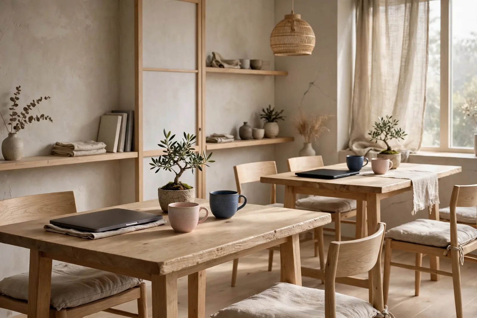 Helles Café-Interior mit Holzmöbeln, Pflanzen, Kaffeetassen und Laptop am Tisch