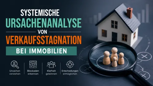 Hero-Banner zur Systemischen Ursachenanalyse von Verkaufsstagnation bei Immobilien mit Lupe, Haus und Symbolen