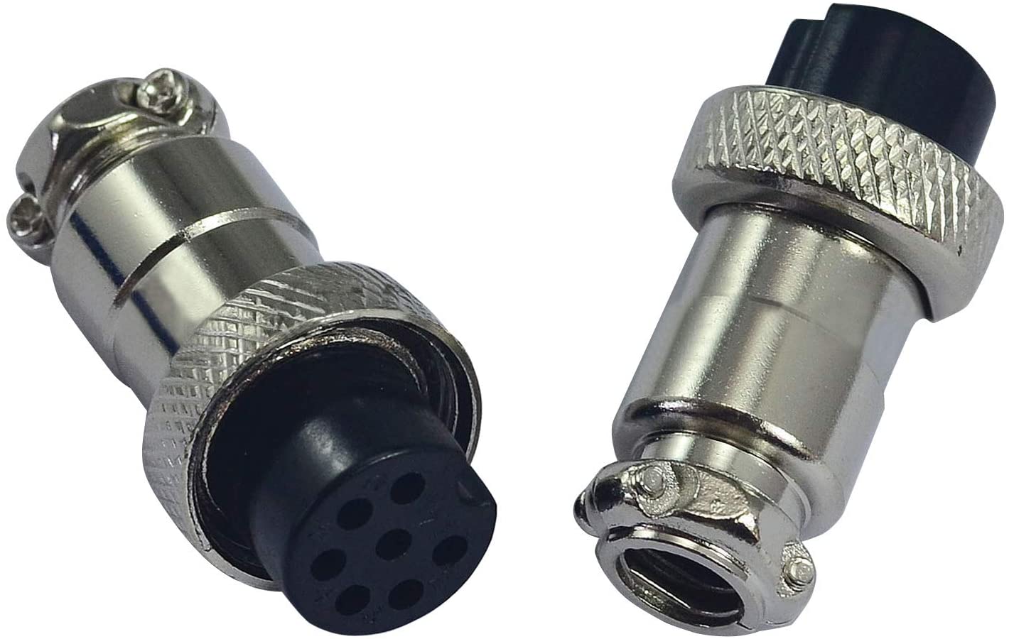 Zwei Schweißstecker mit silbernem Gewinde und schwarzer Isolierung, offen und geschlossen dargestellt