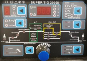 Super TIG 200 AC/DC WIG Schweißgerät Steuereinheit mit beschrifteten Bedienelementen, Funktionsdiagramm