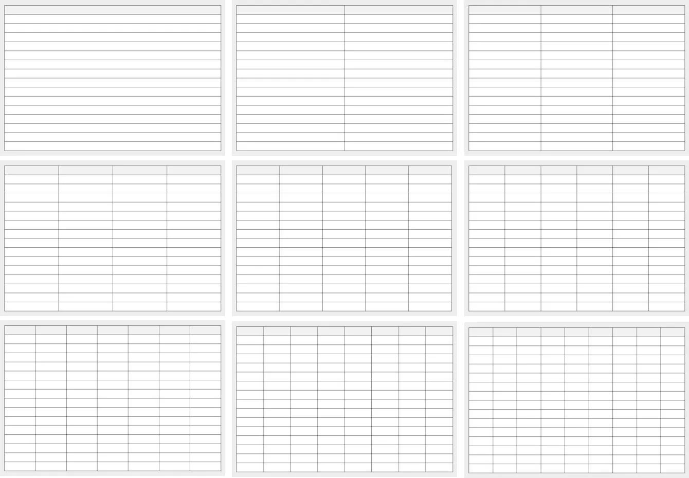 Neun verschiedene Tabellenlayouts in unterschiedlichen Größen und Spalten-Zeilen-Kombinationen