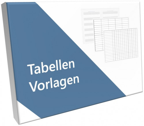 Produktbox Tabellen Vorlagen mit 3D-Effekt, blauem Designelement und PDF-Tabellenabbildung