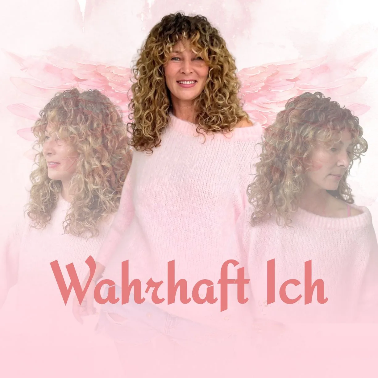 Kursbild WAHRHAFT ICH mit Simone Schmitt und Engelsflügeln auf rosa Hintergrund