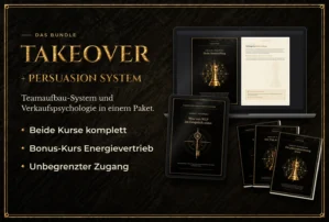 Hero-Banner für Takeover + Persuasion System Bundle mit Produktmockups auf schwarzem Marmor-Hintergrund