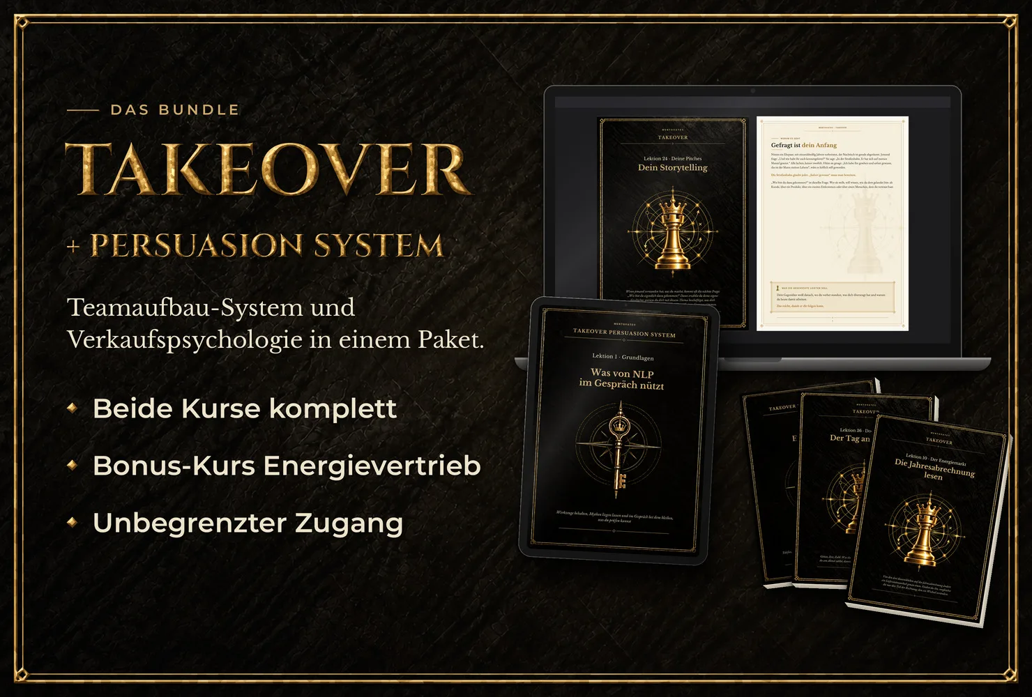 Takeover + Persuasion System – Kursbundle für Network Marketing 1 Hero-Banner für Takeover + Persuasion System Bundle mit Produktmockups auf schwarzem Marmor-Hintergrund