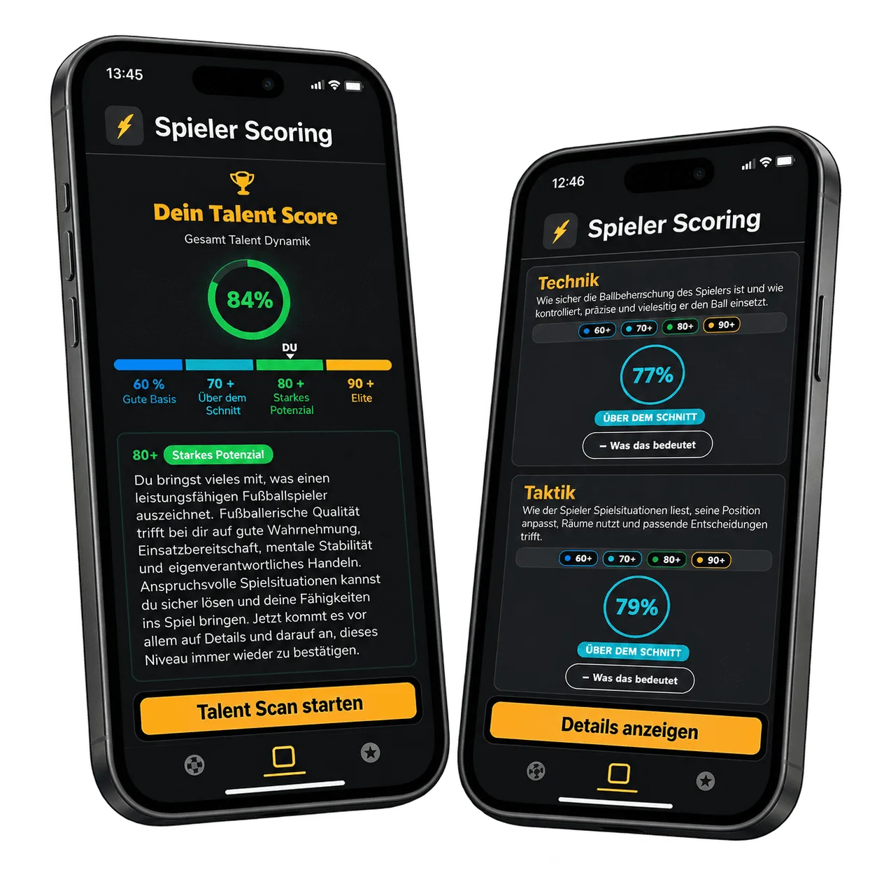 Zwei Smartphones mit Spieler Scoring App Screenshots, Talent Score Anzeige und Detailbewertung