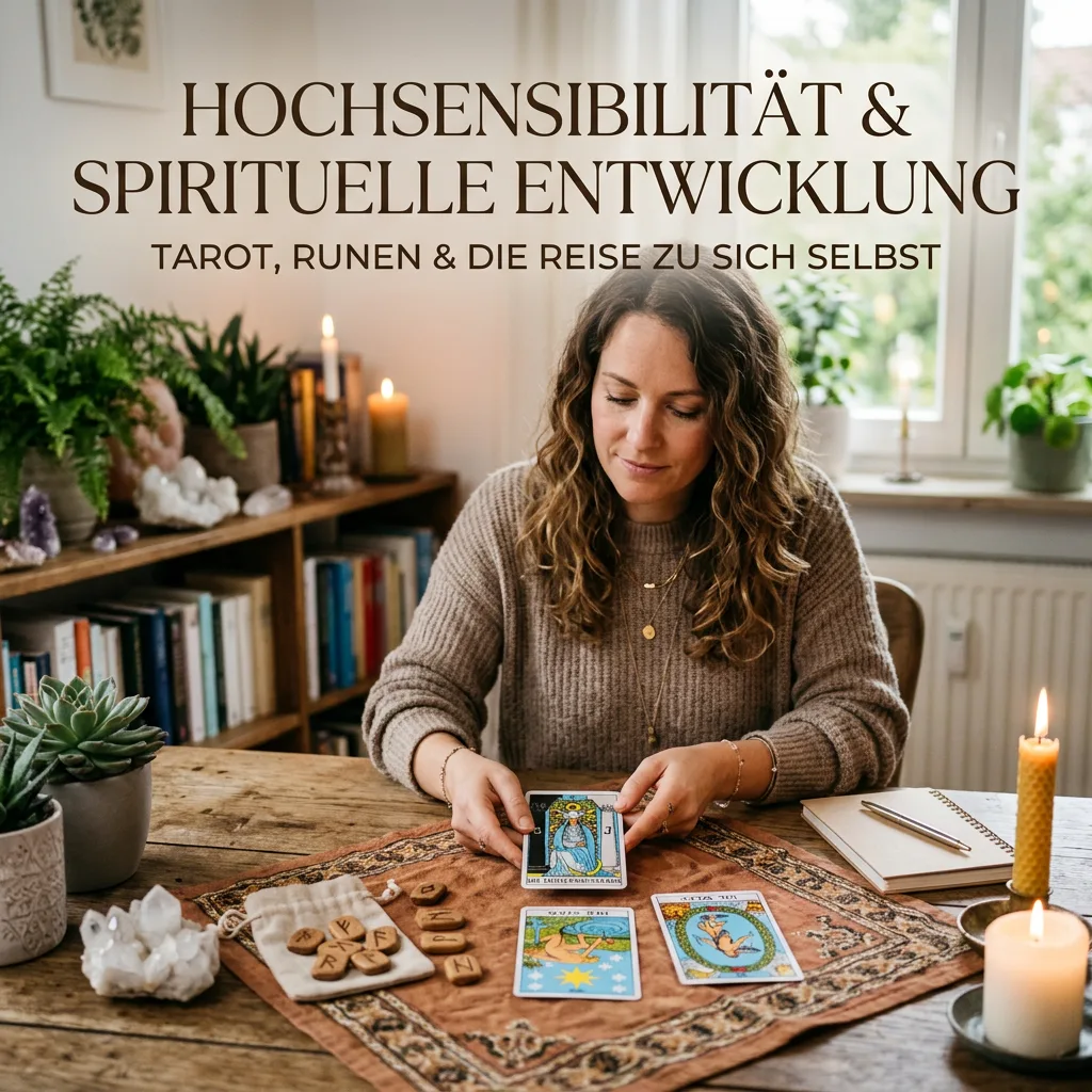 Tarot Einzelberatung – Persönliche Kartenlegung per Zoom 2 Frau bei Tarot-Lesung mit Karten an Holztisch, Kerzen und Kristalle