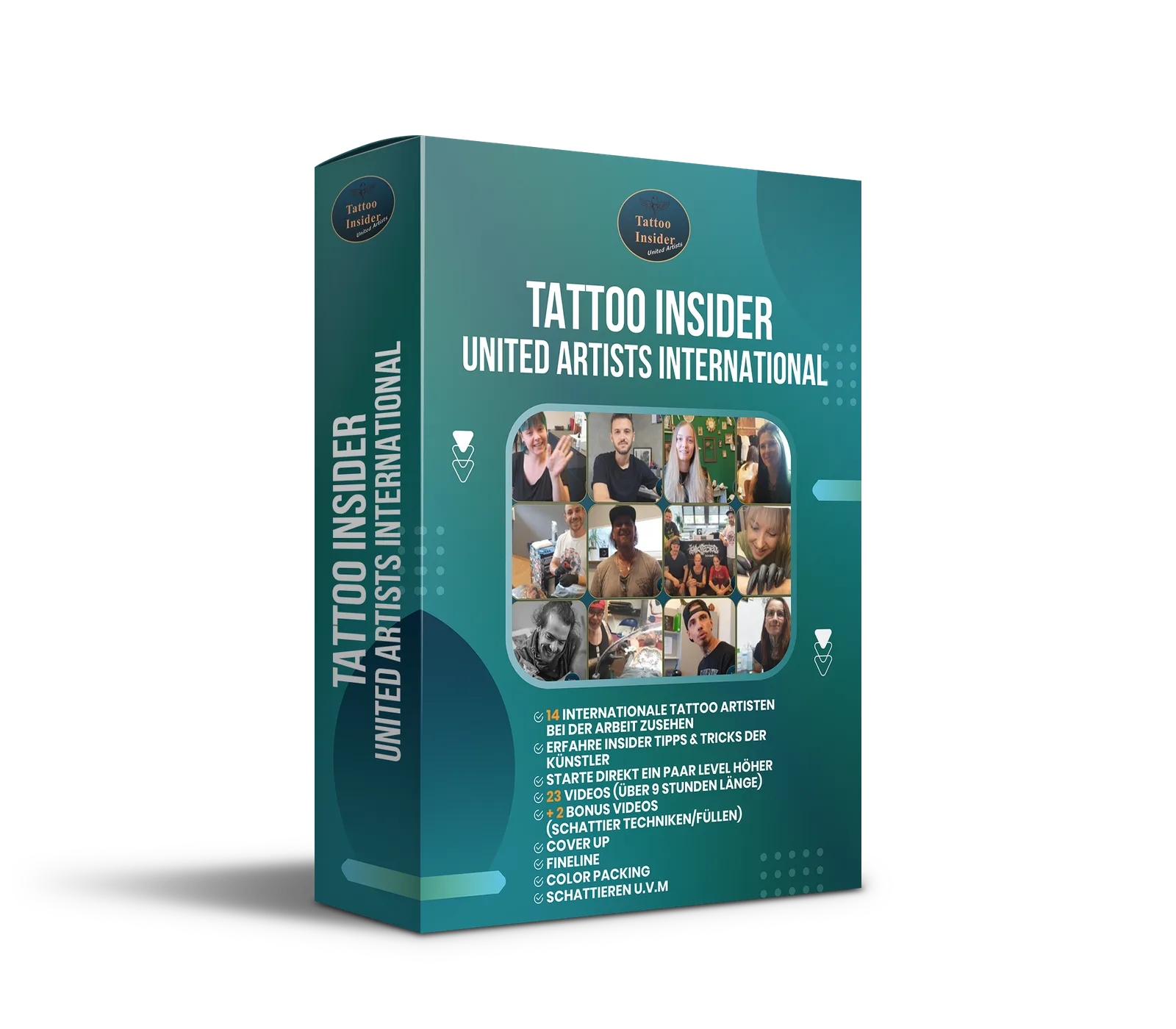 Produktbox Mockup des Tattoo Insider United Artists International Kurses mit Fotos von Künstlern und Kursdetails