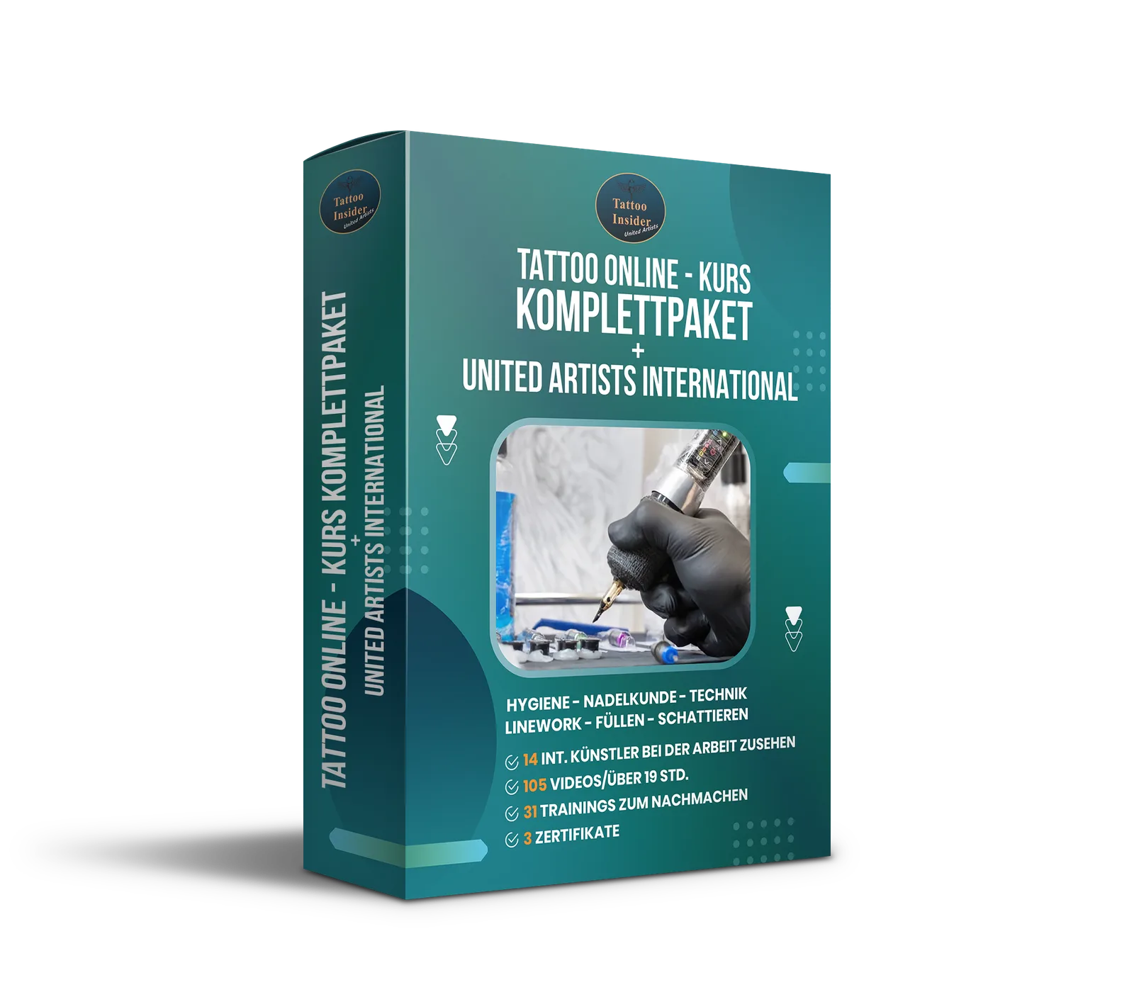 Produktbox des Tattoo Online-Kurs Komplettpakets von Tattoo Insider United Artists International mit teal-farbener Verpackung