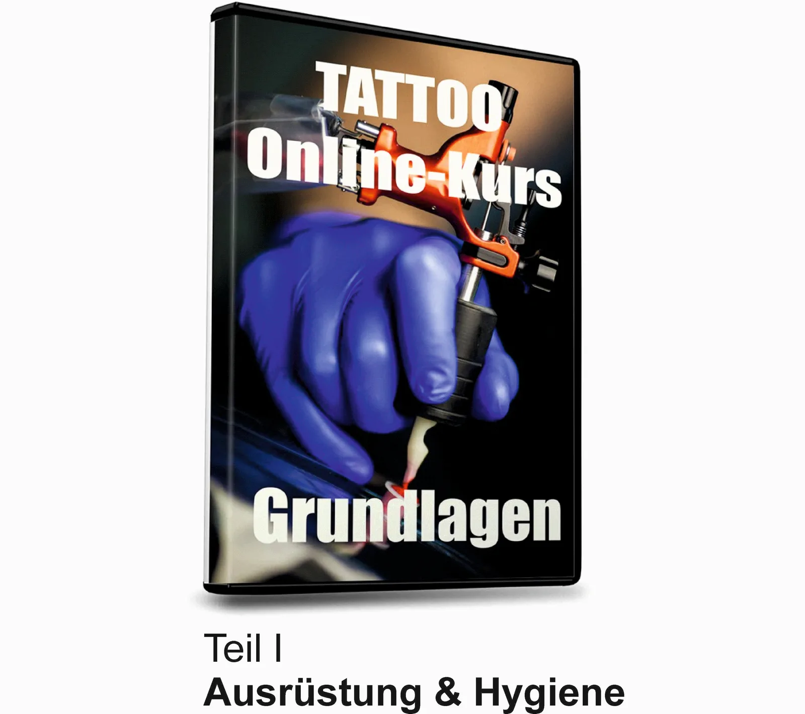 DVD-Cover Tattoo Online-Kurs Grundlagen Teil I mit blauer Hand und Tätowiermaschine