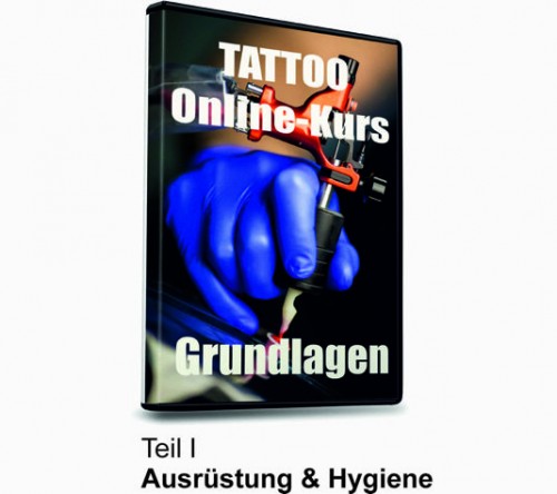 DVD-Cover Tattoo Online-Kurs Grundlagen Teil I mit blauer Hand und Tätowiermaschine