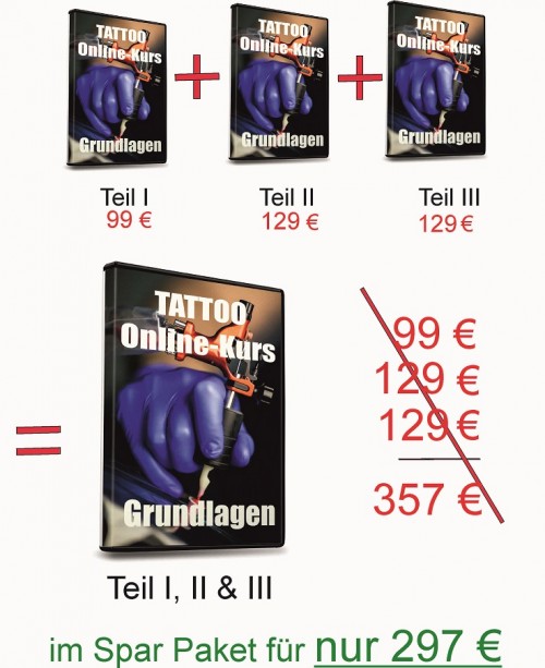 Tattoo Online-Kurs Grundlagen Sparpaket I+II+III – Preisvergleich mit vereinfachtem Layout