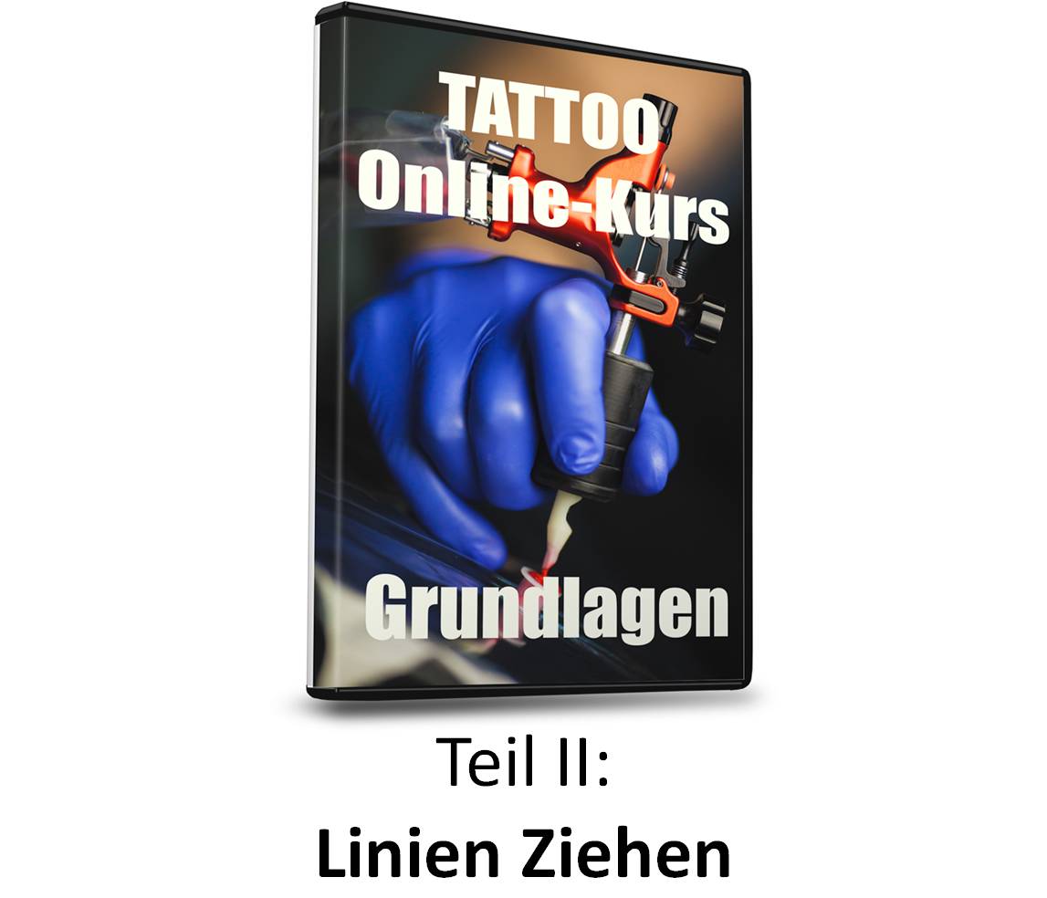 DVD-Cover Tattoo Online-Kurs Grundlagen Teil II mit blauer Hand in Latexhandschuh und roter Tätowiermaschine