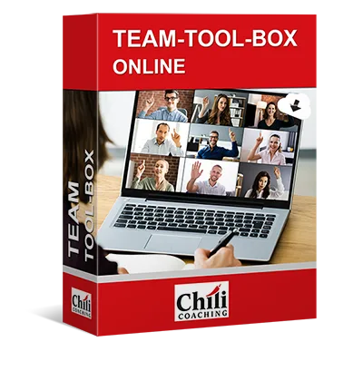 3D-Produktabbildung der Team-Tool-Box Online Verpackung mit rotem Etikett und Laptop-Motiv