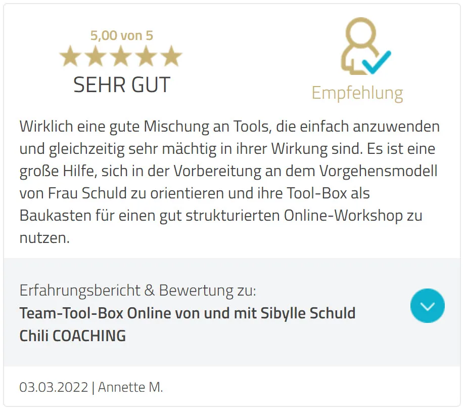 Fünf-Sterne-Kundenbewertung (5,00/5) mit Empfehlungssiegel und Rezension von Annette M. zur Team-Tool-Box Online