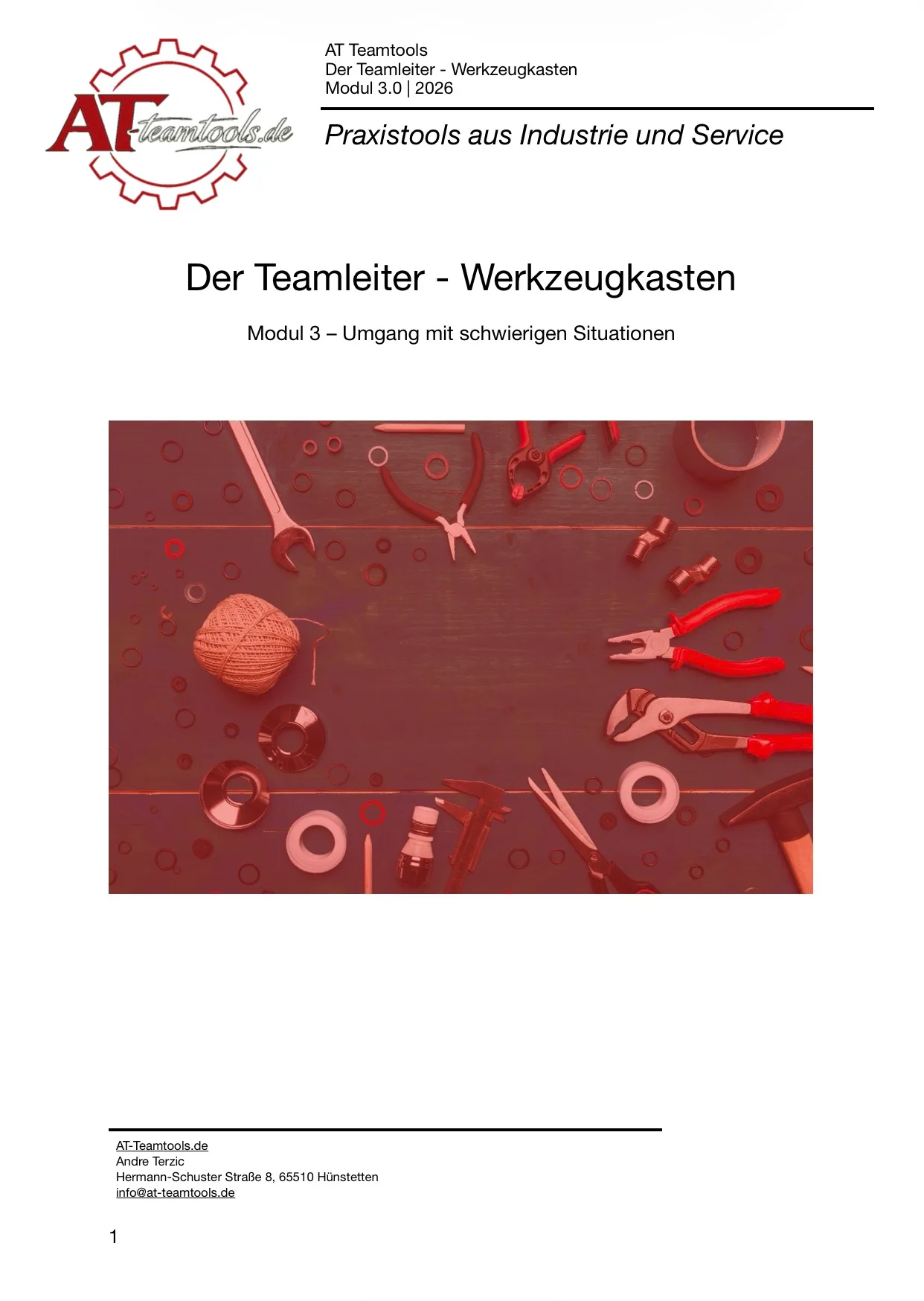Teamleiter PDF Werkzeugkasten – E-Book zur Mitarbeiterführung 6 Teamleiter Werkzeugkasten Modul 3 – Bordeaux-rot hinterlegtes Cover mit Werkzeugen, Fokus auf schwierige Situationen
