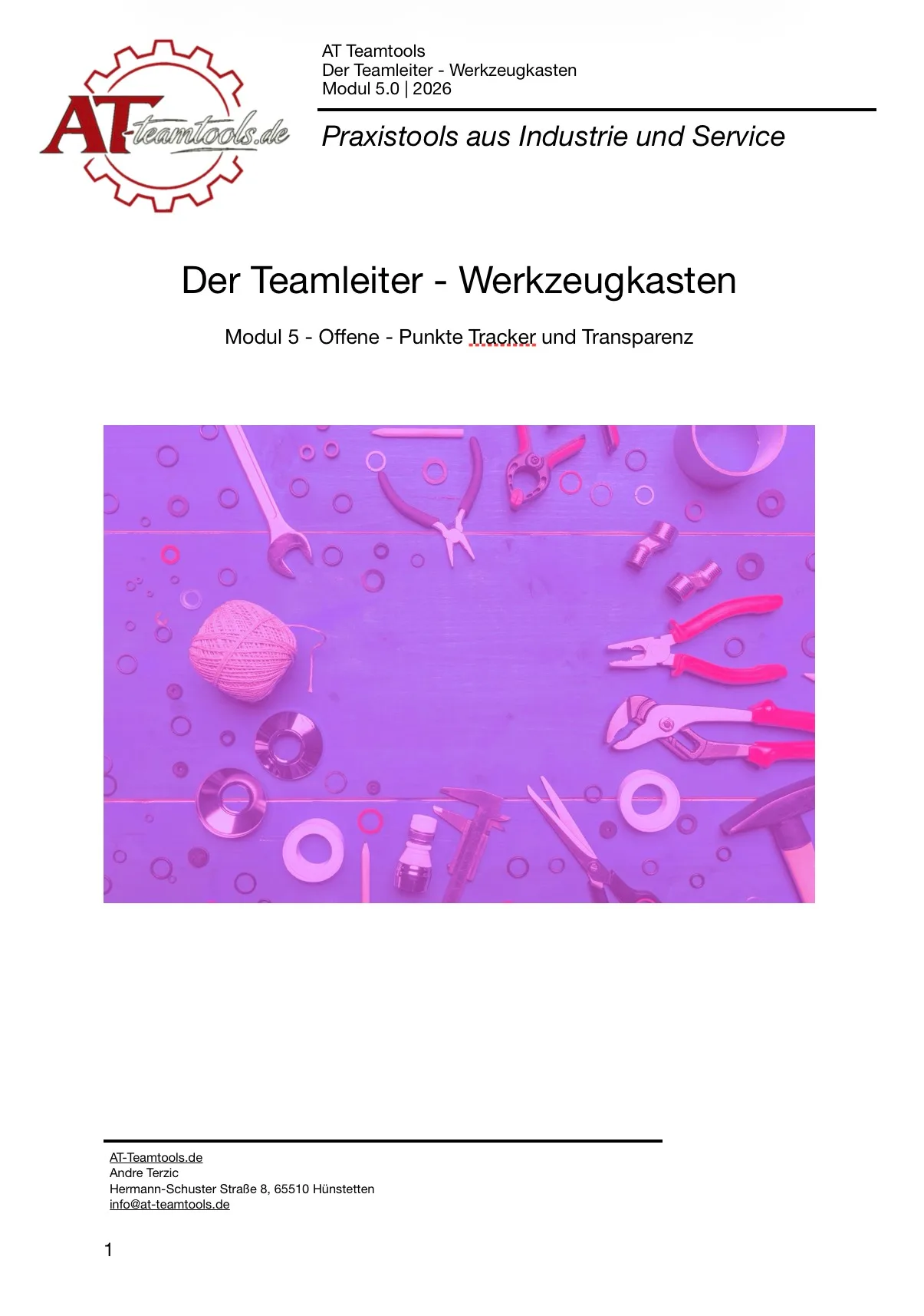 Teamleiter PDF Werkzeugkasten – E-Book zur Mitarbeiterführung 8 Teamleiter Werkzeugkasten Modul 5 – Magenta-lila hinterlegtes Cover mit Werkzeugen, Fokus auf offene Punkte und Transparenz