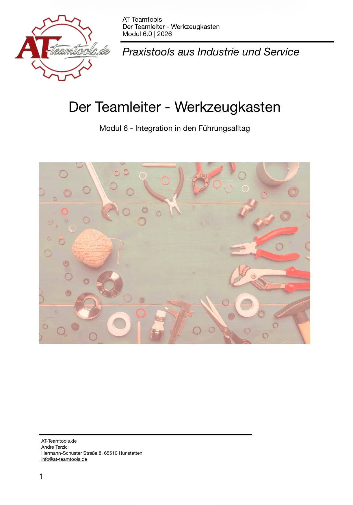 Modul 6.0 Werkzeugkasten Deckblatt mit beigen Werkzeugen, Integration in den Führungsalltag