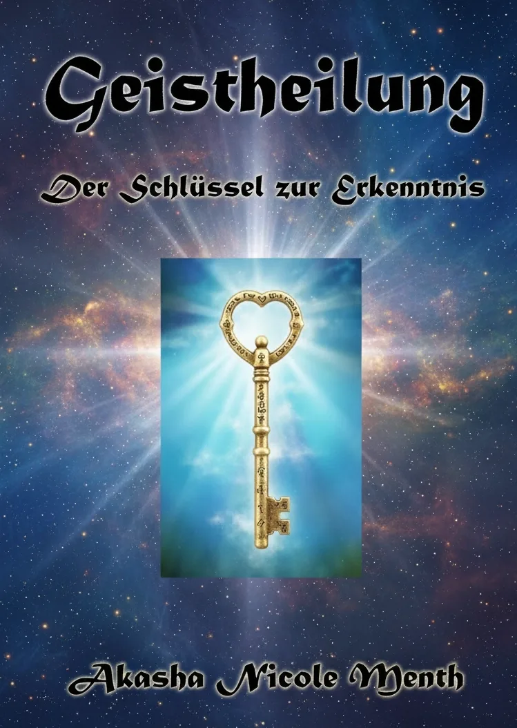 Buchcover Geistheilung mit goldenem Schlüssel auf sternenklarem Hintergrund von Akasha Nicole Menth