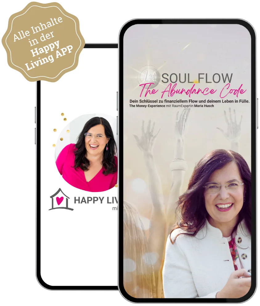Happy Living App Mockup auf Smartphone mit Soul Flow Kurs und Maria Husch Portrait